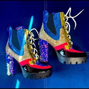 New! Cape Robbin Gold Glitter Platform Ankle Boots with Chunky Block Heels.